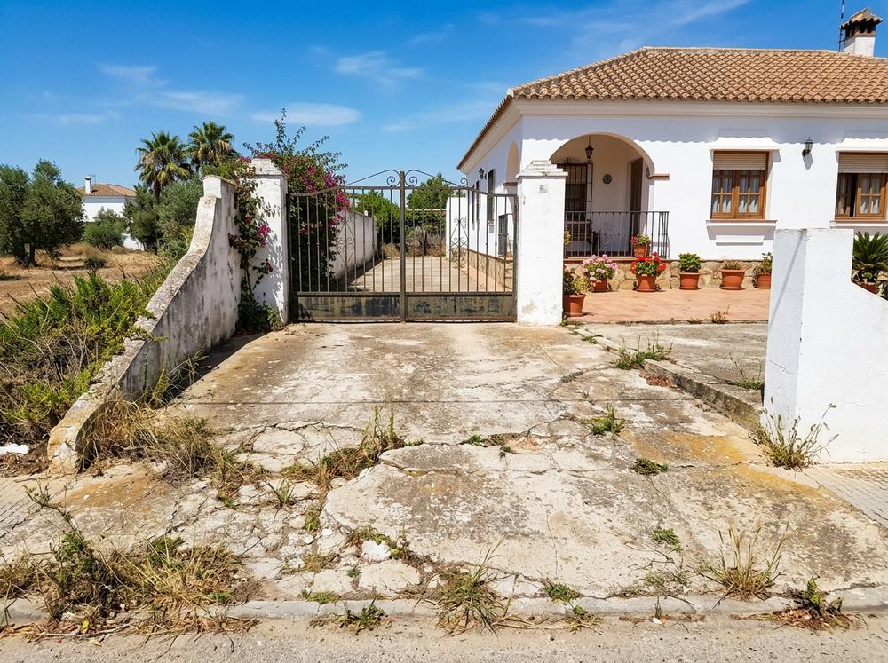 Antes: entrada de vehículos con hormigón viejo, agrietado y con malas hierbas en Aljaraque, Huelva