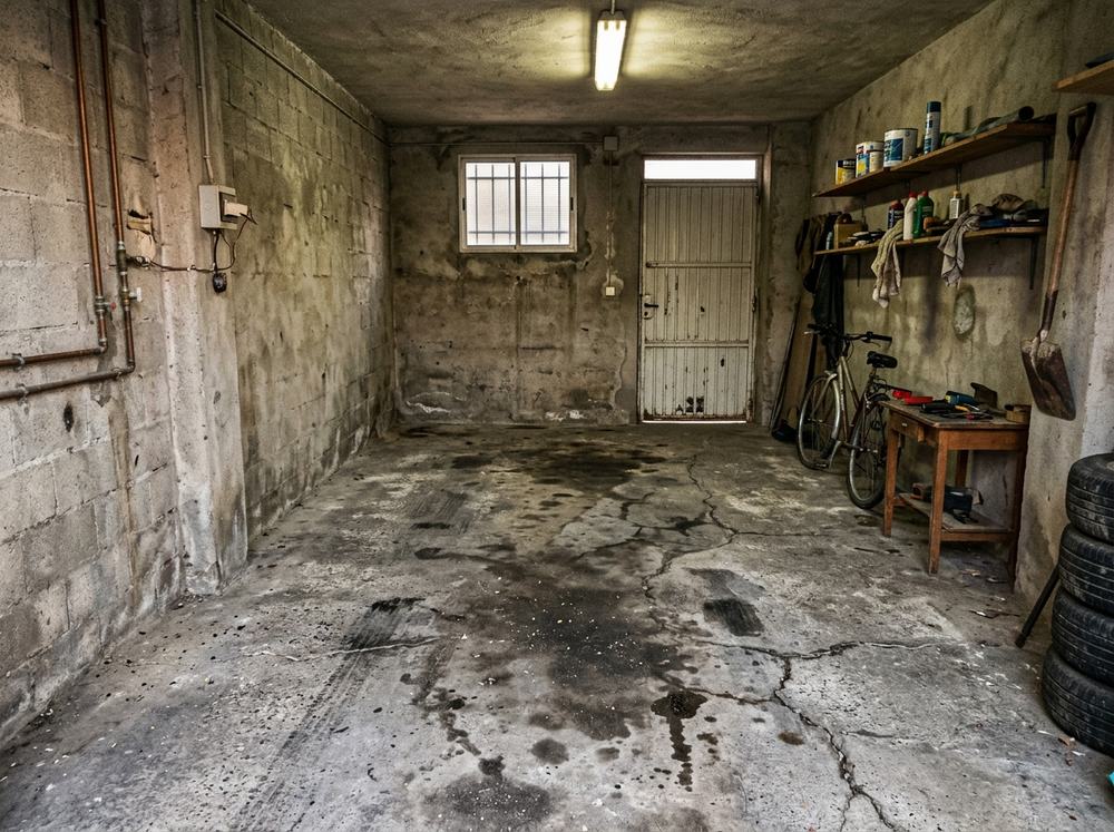 Antes: suelo de garaje con hormigón viejo, manchas de aceite y grietas en Ayamonte, Huelva