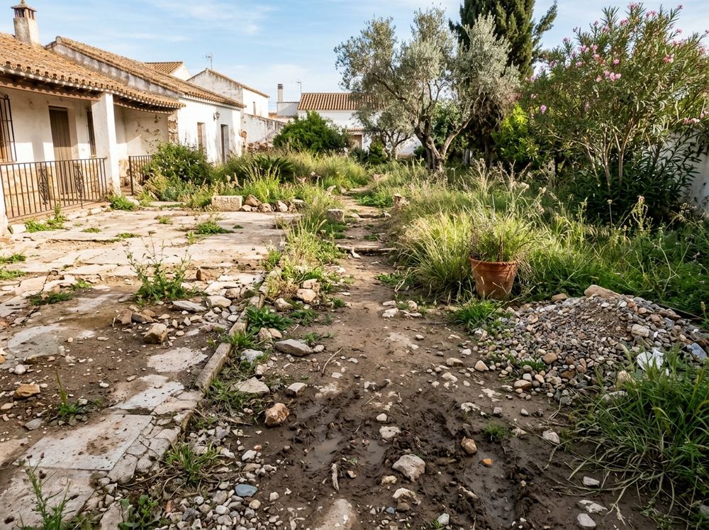 Antes: camino de jardín de tierra, barro y piedras sueltas en Almonte, Huelva