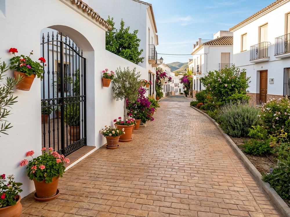 Después: acera pavimentada con hormigón impreso adoquín envejecido en Moguer, Huelva