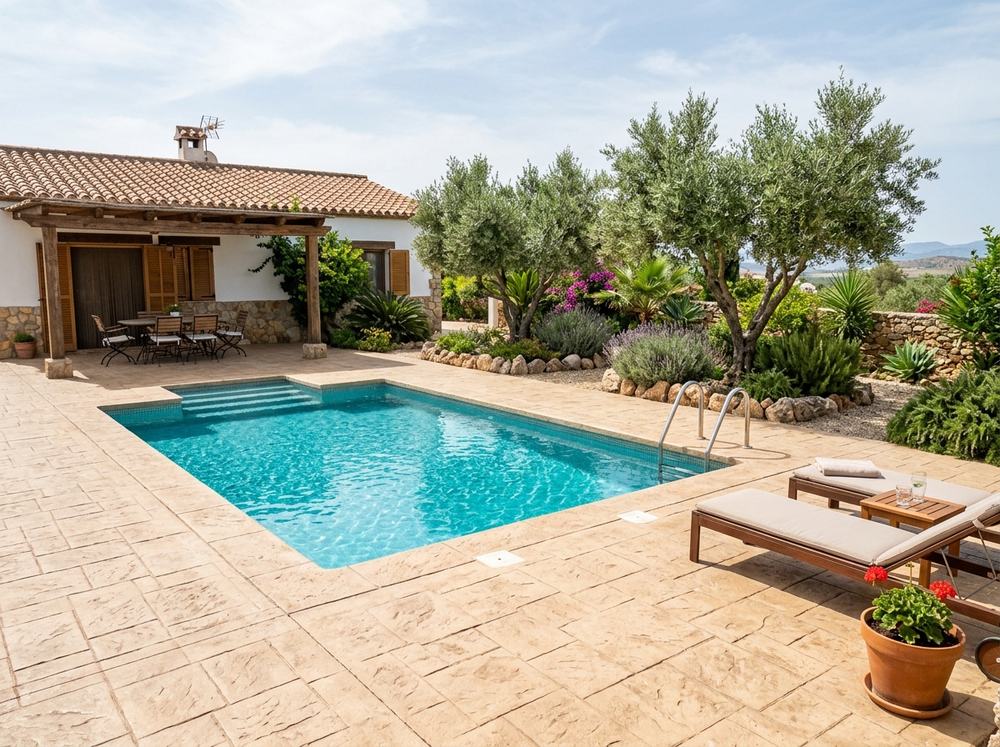 Después: entorno de piscina con hormigón impreso piedra natural color arena en Cartaya, Huelva