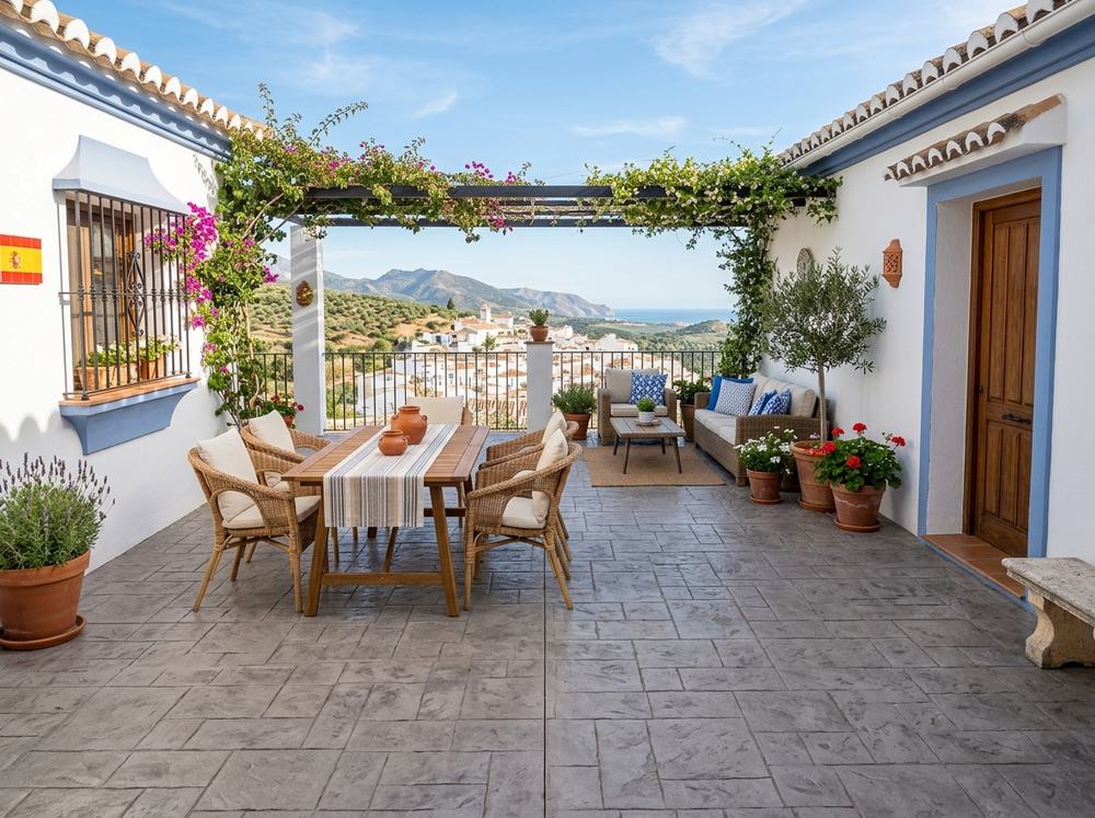 Después: terraza con hormigón impreso imitación pizarra gris en San Juan del Puerto, Huelva