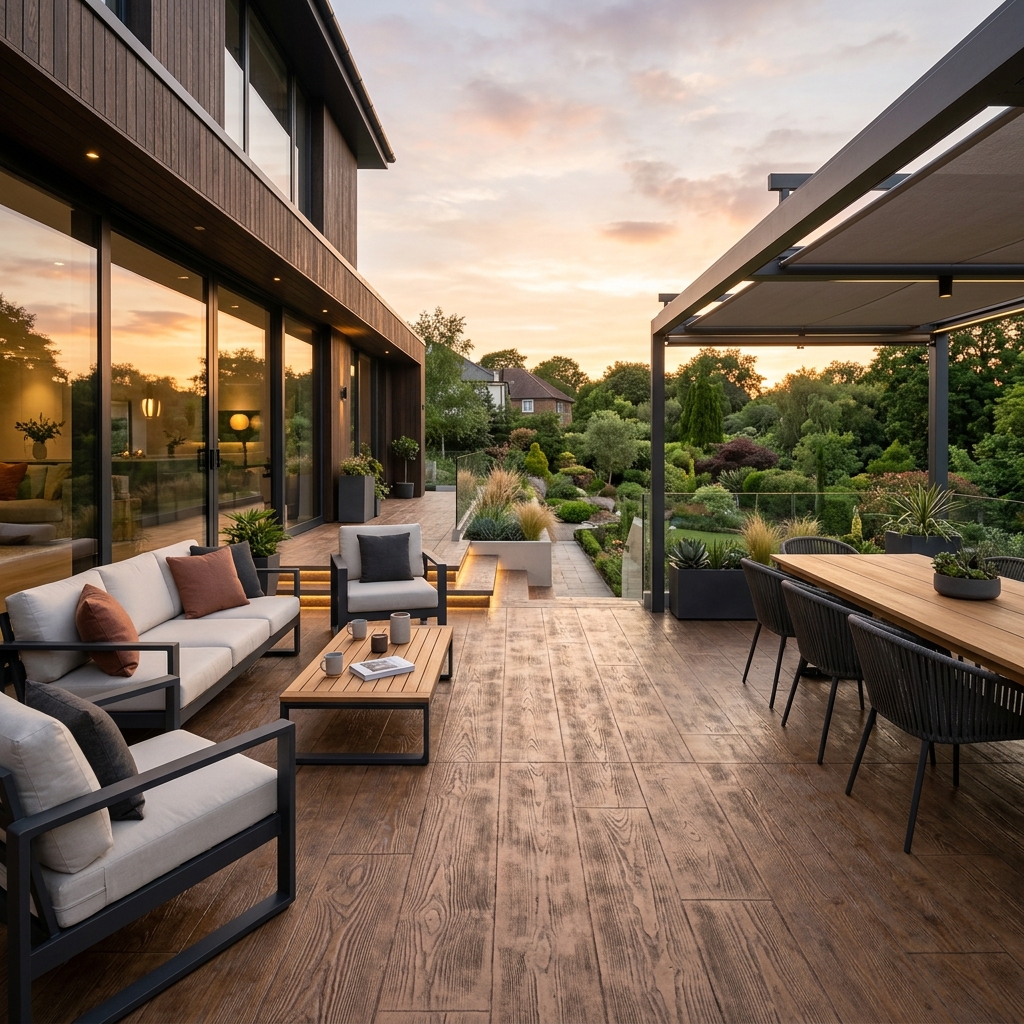 Terraza con hormigón impreso en chalet de Huelva