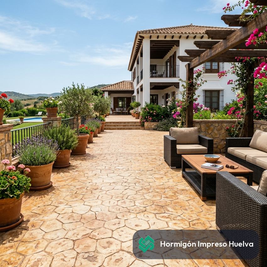 Terraza de hormigón impreso con el logotipo de Hormigón Impreso Huelva